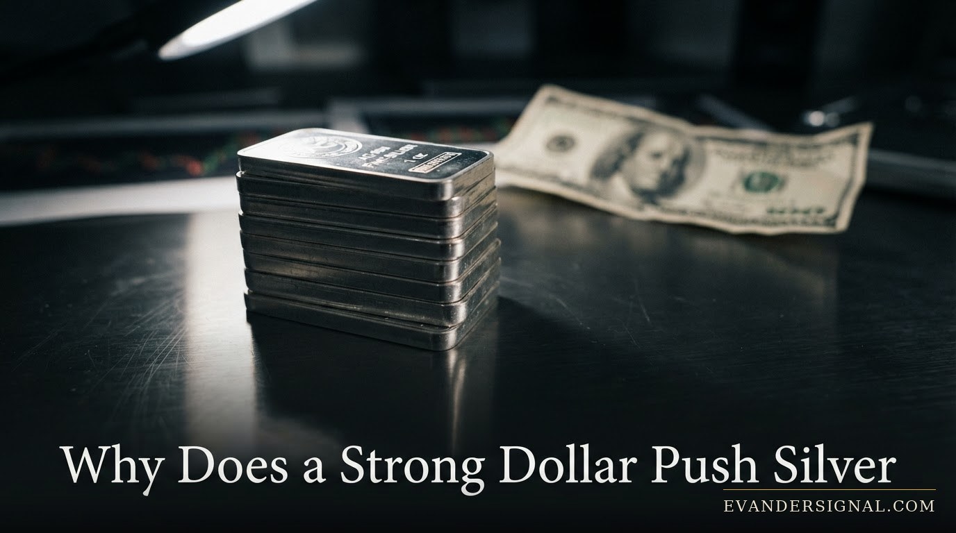 Silver bullion bars under cold light with a blurred dollar banknote in the background