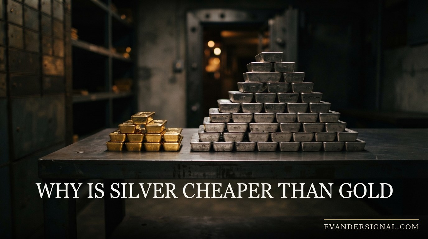 A small stack of gold bars beside a much larger stack of silver bars in a dim vault, illustrating their price and volume gap.