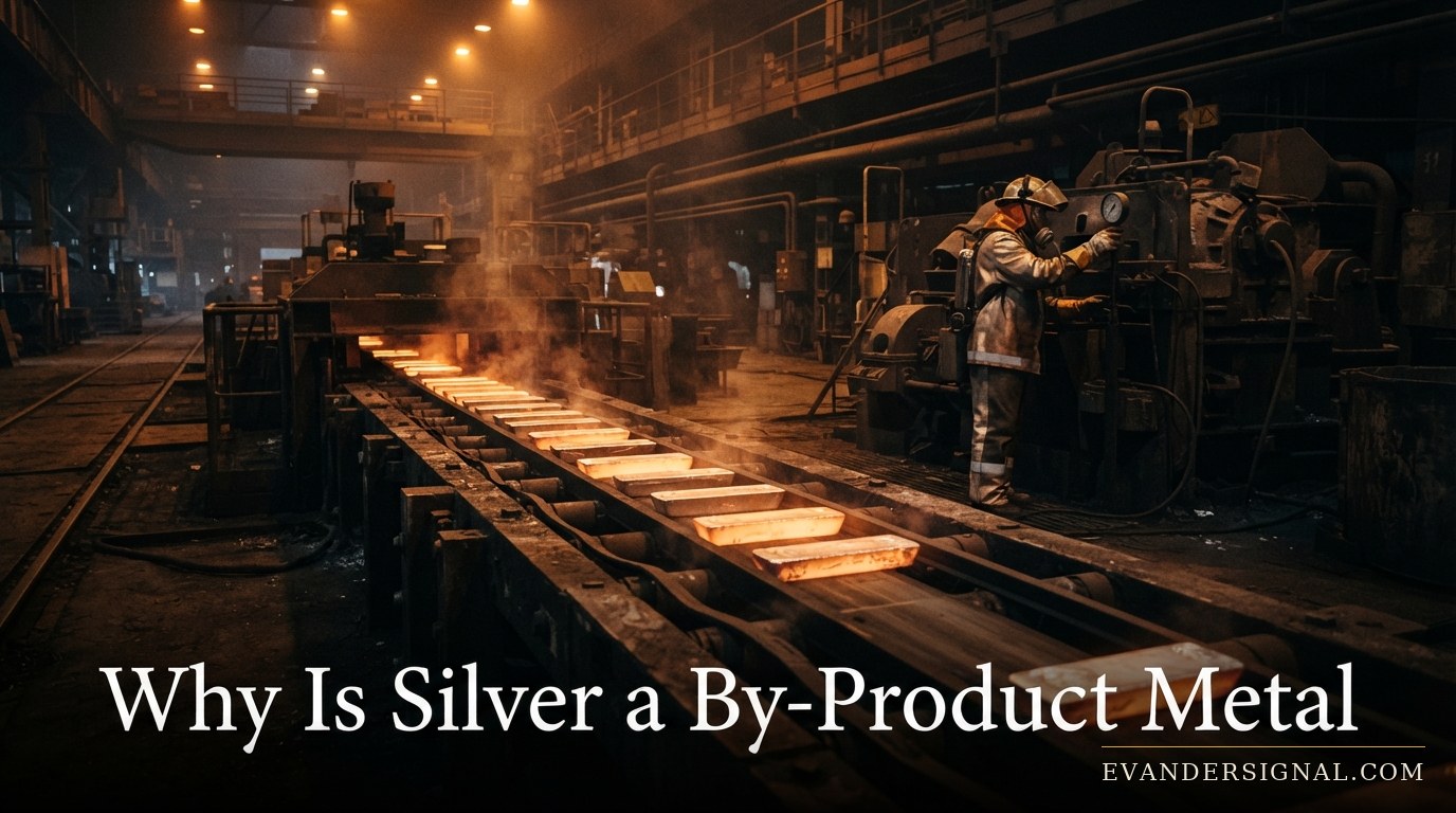 Worker checks equipment beside cooling silver bars in a dimly lit industrial refinery at dusk.