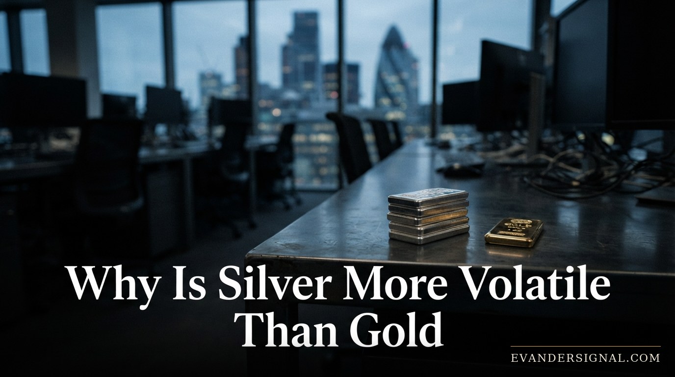 Silver bars stacked beside a single gold bar on a trading desk at dusk, evoking market volatility comparison.