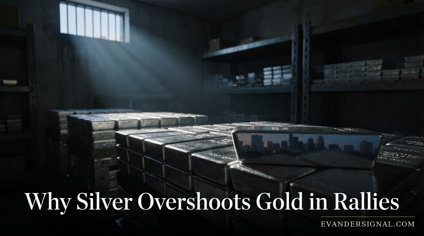 Stacked silver bars catching a single shaft of light in a dim vault, evoking market tension over interest rates.
