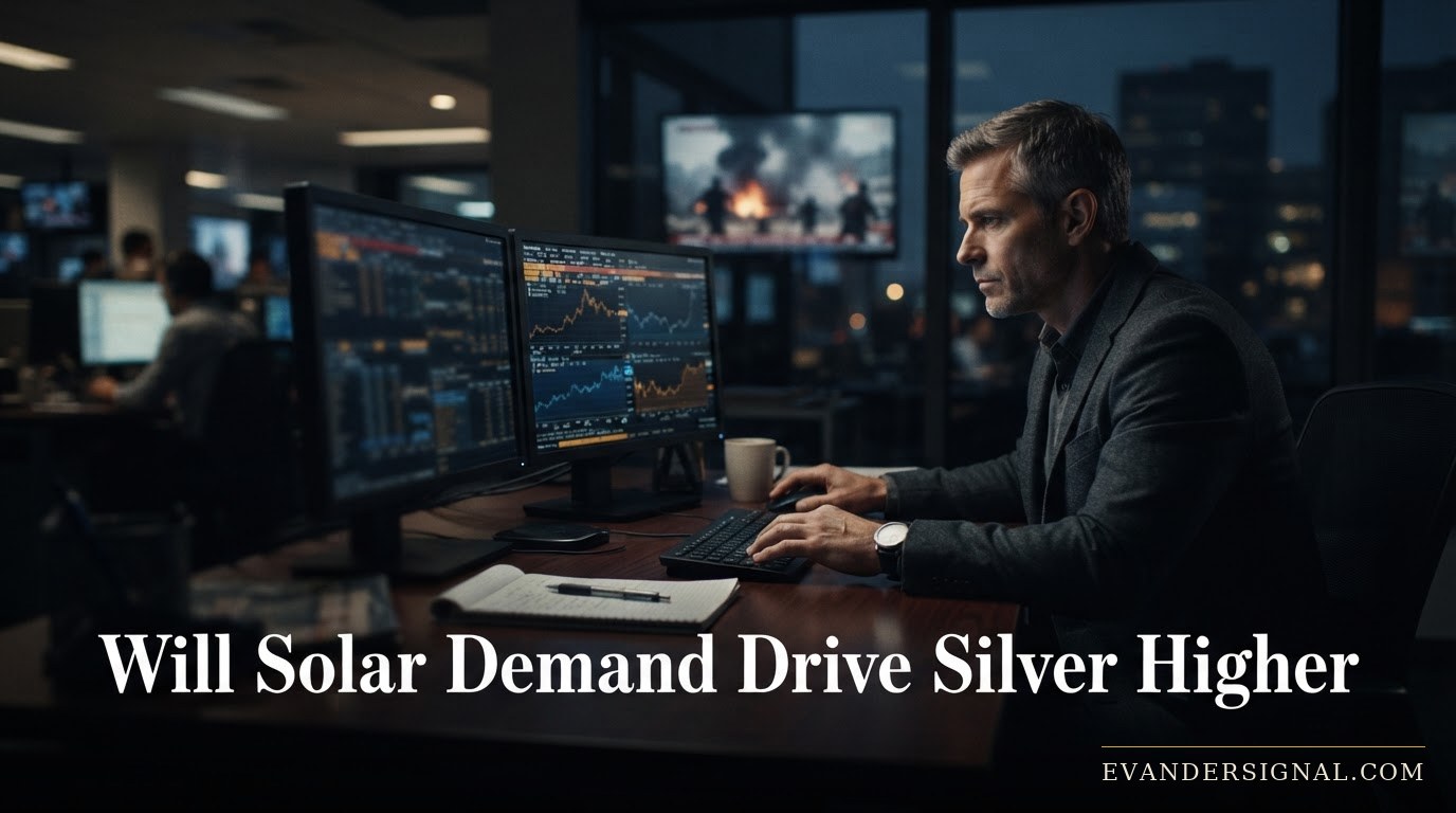 Trading desk at dusk with terminal glow and distant news footage reflected in the window, evoking geopolitical tension driving markets.